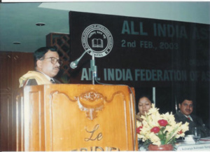Maharishi Tilak Raj giving a speech in Le Meridian Hotel in a seminar on February 2, 2003