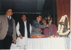 Delhi Health Minister Shri Yoganand Shastriji, Dr. S.C. Kursija and Maharishi Tilak Raj lightening the lamp in a conference on Astrology